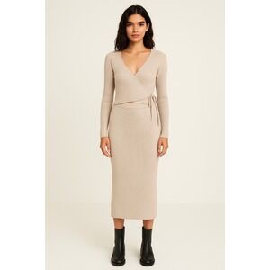 Olive Oak Knit Cardigan Top Skirt Set Size M Ribbed Tie Front Long Sleeve Beige‎